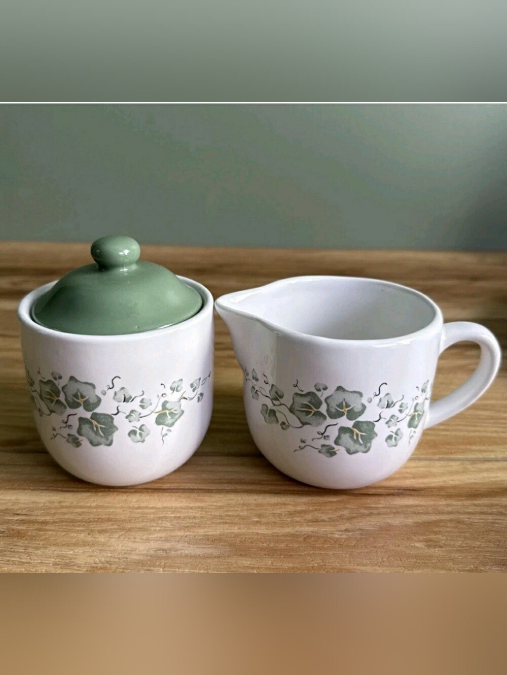 Vintage Ivy Pattern Ceramic Creamer and Sugar Set - Sage Green & White